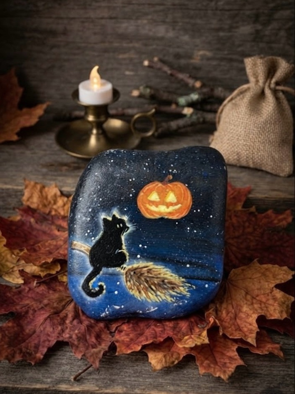 Hand-Painted Black Cat & Orange Pumpkin Rock Art – Halloween Accent, gothic